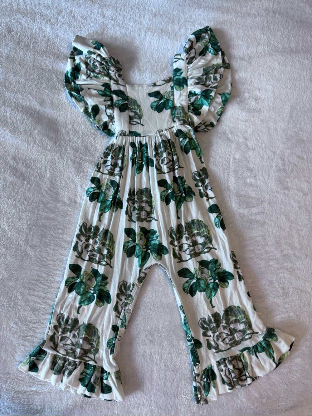 kate quinn White Romper with Green Floral Print and Ruffle Sleeves